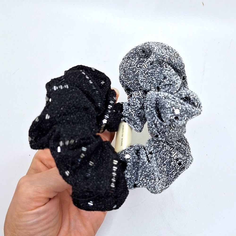 Shiny black and silver scrunchies mesh glitter glam accessories